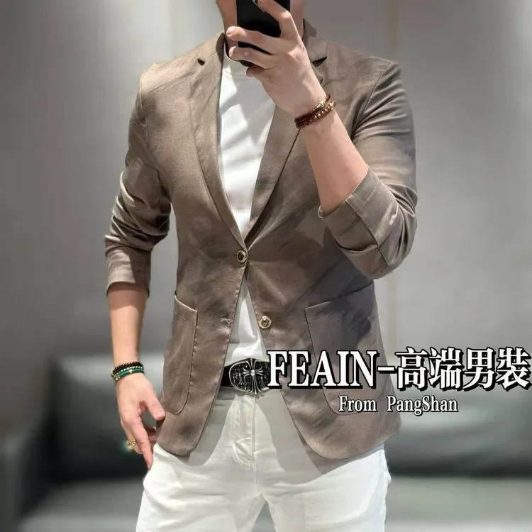 高端男士中国风山水画风格手工扎染工艺立体修身轻薄西装98025