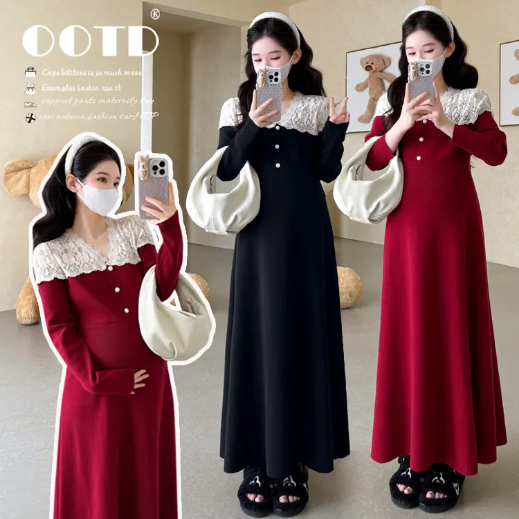 孕妇连衣裙2025秋冬韩版时尚高级感蕾丝拼接气质显瘦连衣裙孕妇装