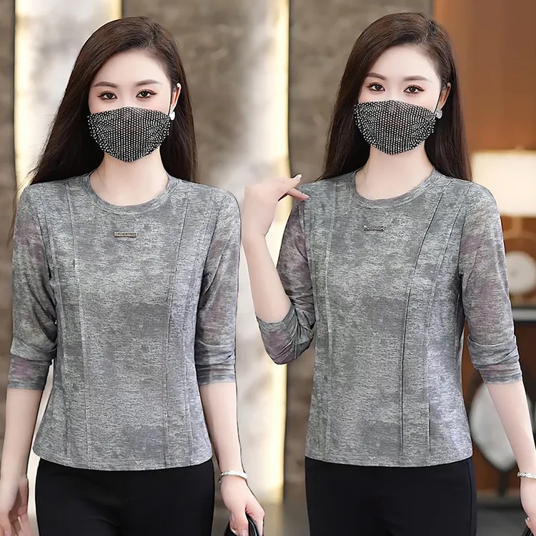 2025早秋新款时尚修身显瘦长袖T恤女灰色圆领简约打底衫薄款上衣