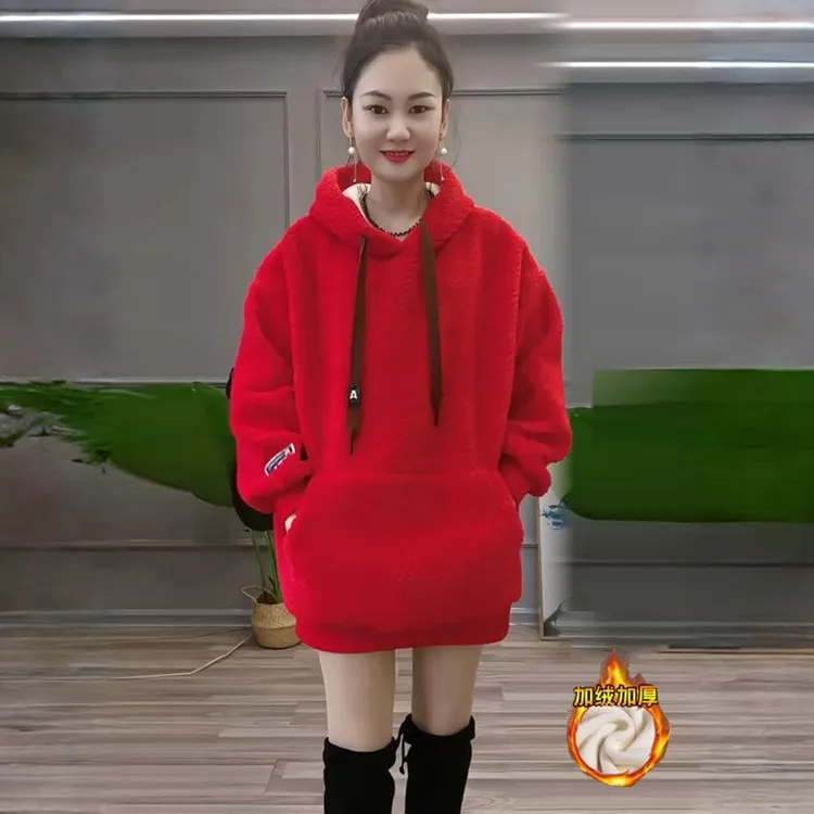拉夏贝尔连帽卫衣宽松加绒加厚保暖外套2025秋冬新款休闲上衣