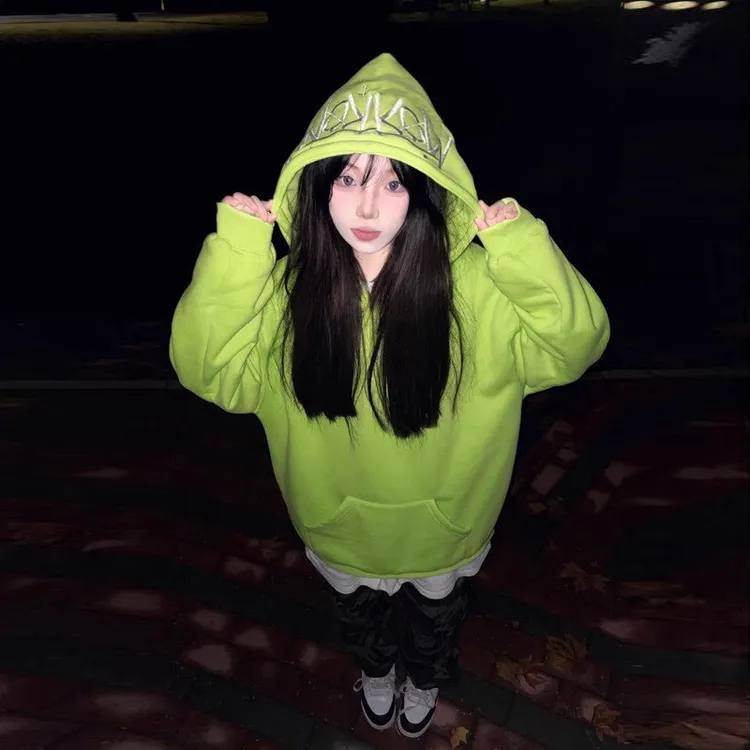 多巴胺穿搭字母刺绣连帽卫衣外套女秋冬加绒加厚宽松学生长袖上衣