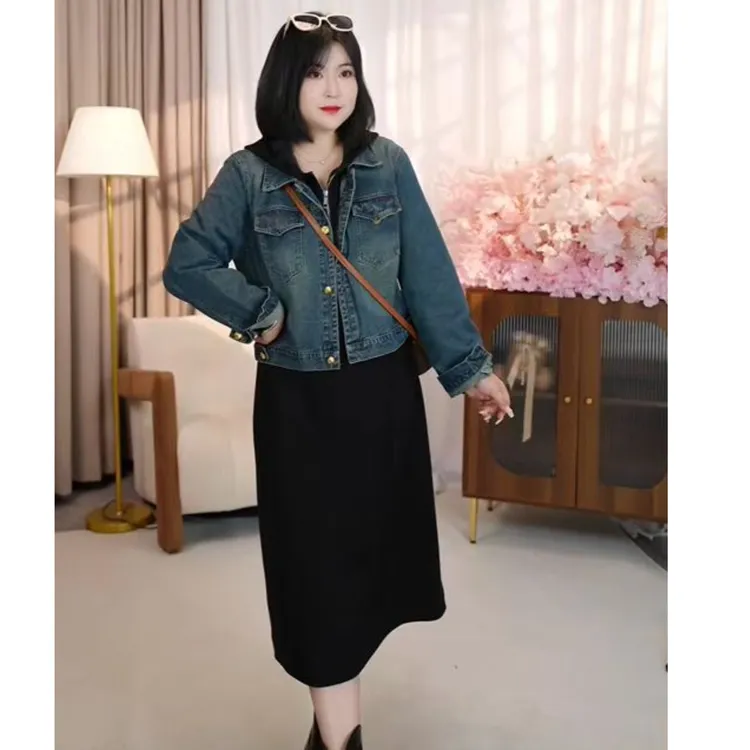 时尚牛仔短外套配连衣裙套装女秋2025新款休闲连帽卫衣裙两件套潮