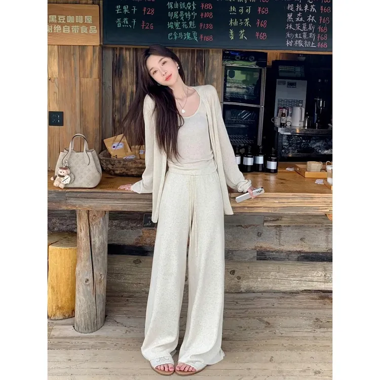 纯欲风性感简约套装女2025初秋新款宽松针织衫背心高腰阔腿三件套