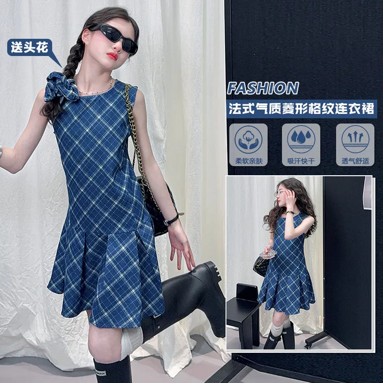 女童法式复古牛仔无袖连衣裙高腰设计感中大童格纹背心裙夏季新款