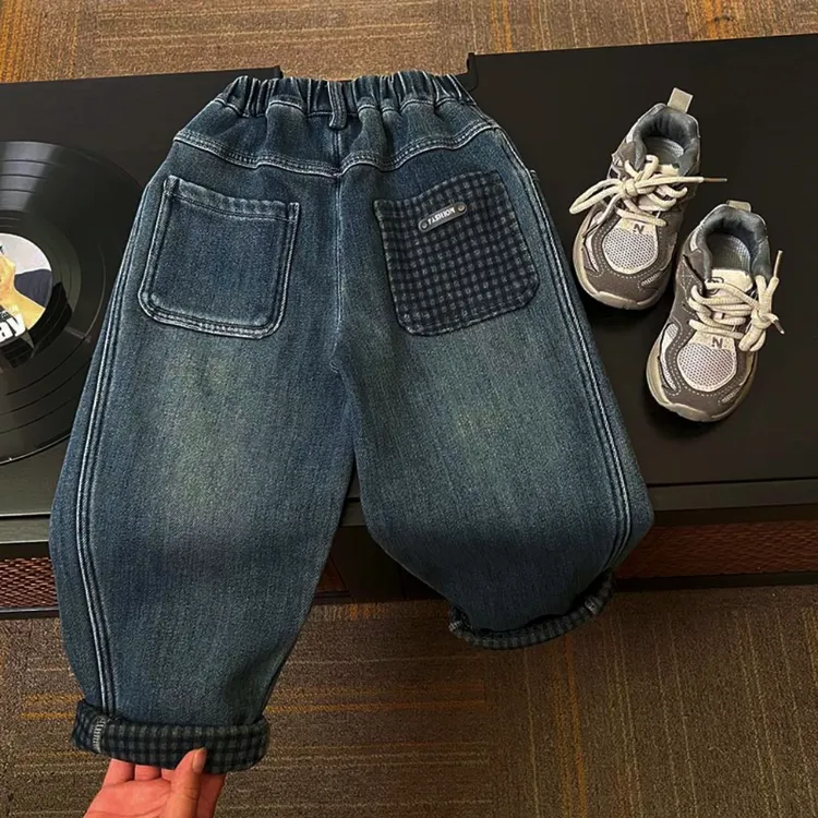 儿童冬季韩版时尚中小童工装裤宽松加绒牛仔裤男童牛仔裤加厚裤子