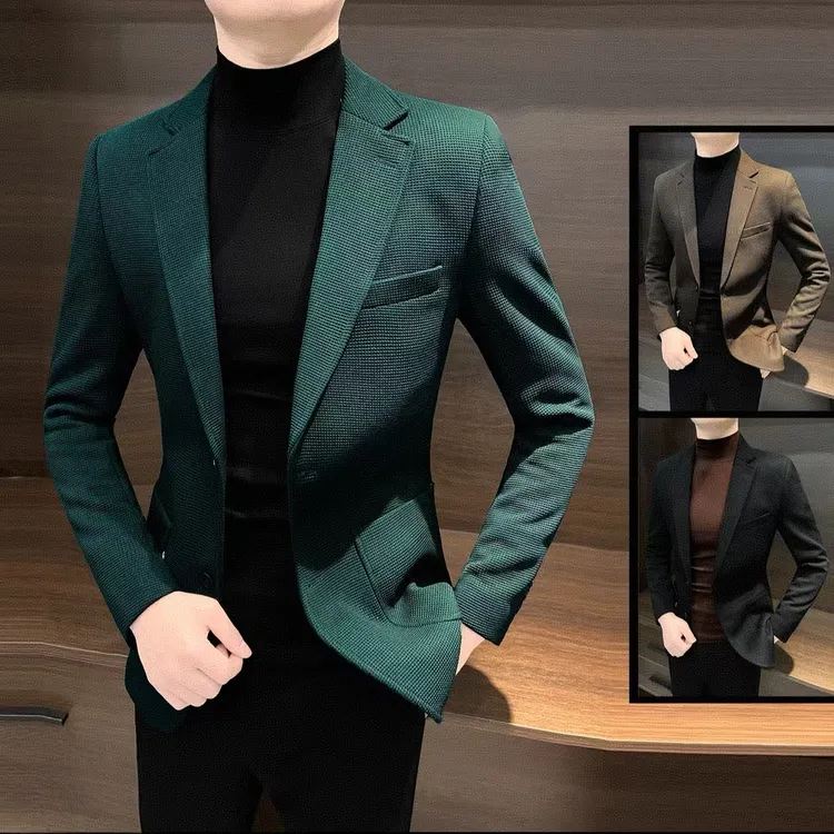 华夫格西装外套男款新款韩版修身男装小西服男士休闲格子男西装