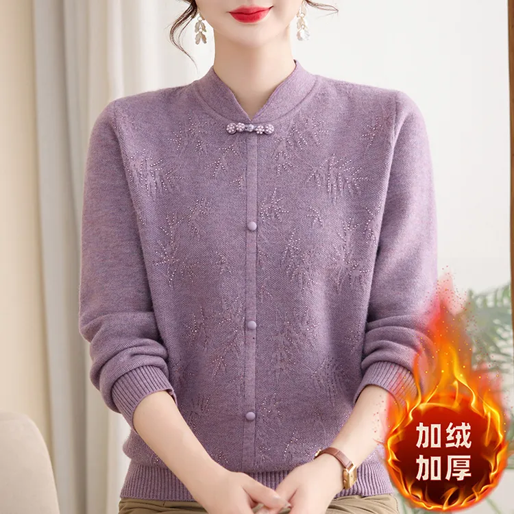 妈妈加绒上衣气质女装新中式秋冬针织衫毛衣时尚加厚长袖宽松打底