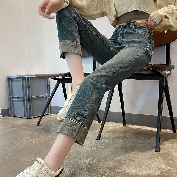 高腰牛仔裤女秋冬新款弹力修身显瘦加绒小个子八分九分直筒烟管裤