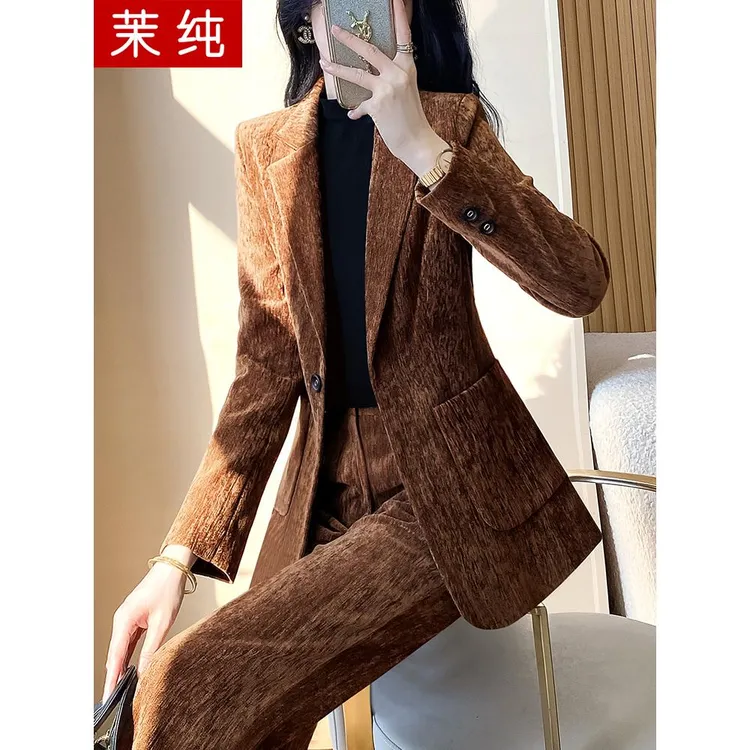 西装外套女2025新款秋冬加厚保暖咖色呢子西服洋气气质高端工作服