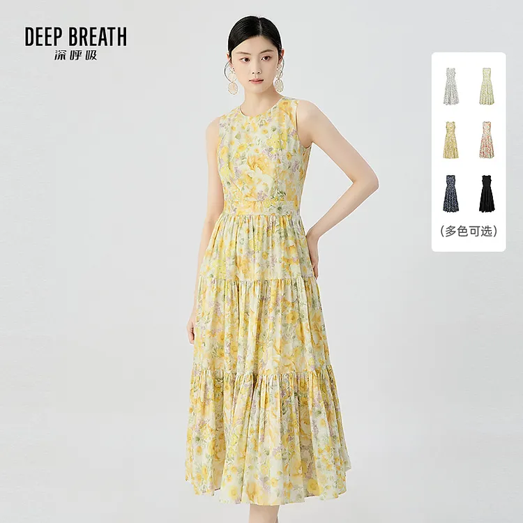 DEEP BREATH深呼吸女装无袖收腰长裙印花背心蛋糕裙连衣裙A500458