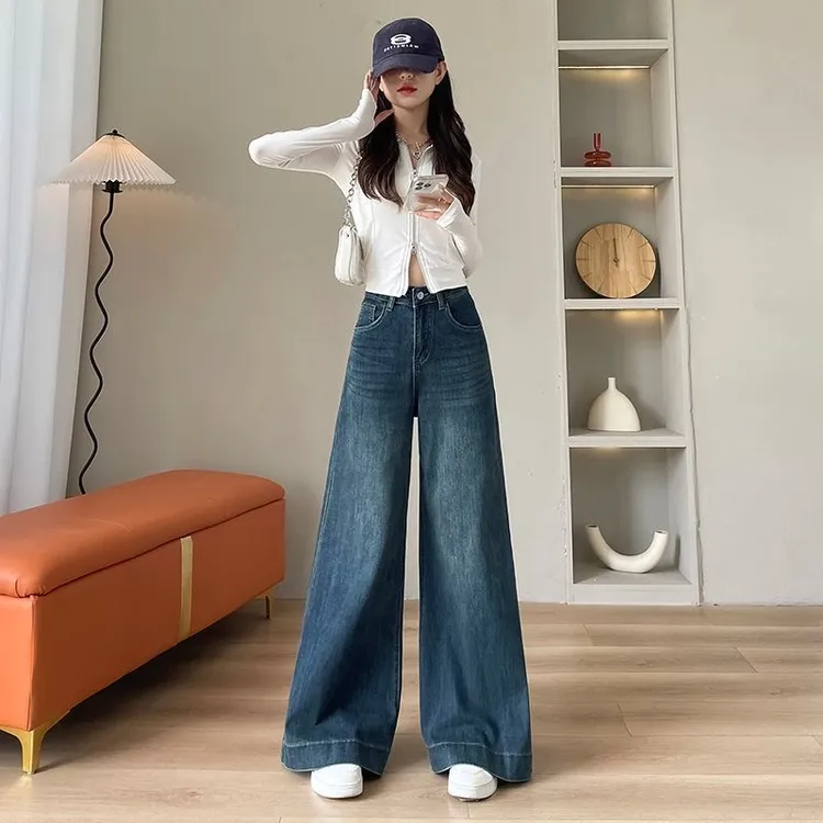  秋冬新款复古蓝高腰阔腿牛仔裤超好看时尚松垂感休闲显瘦直筒裤