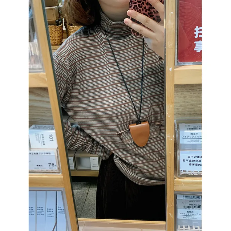 西兰花花 日系复古条纹堆堆领T恤微弹宽松上衣秋季女款叠穿打底杉