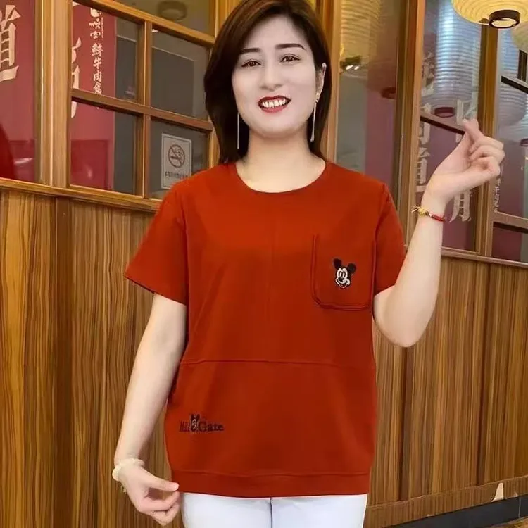 夏季新款时尚减龄圆领米奇宽松休闲百搭显瘦妈妈装洋气T恤