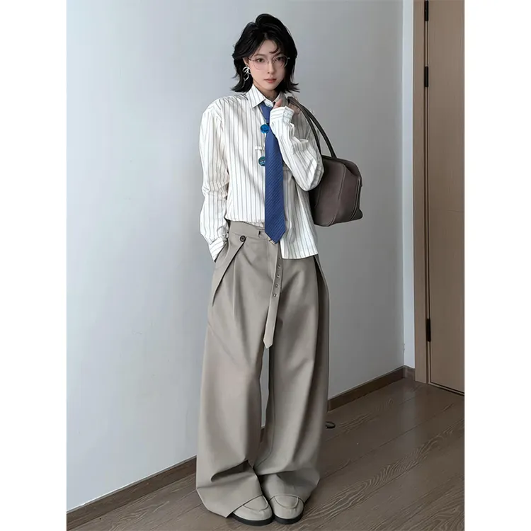 parkyeon秋季新款美式设计感长袖衬衫上衣高腰显瘦阔腿休闲裤套装
