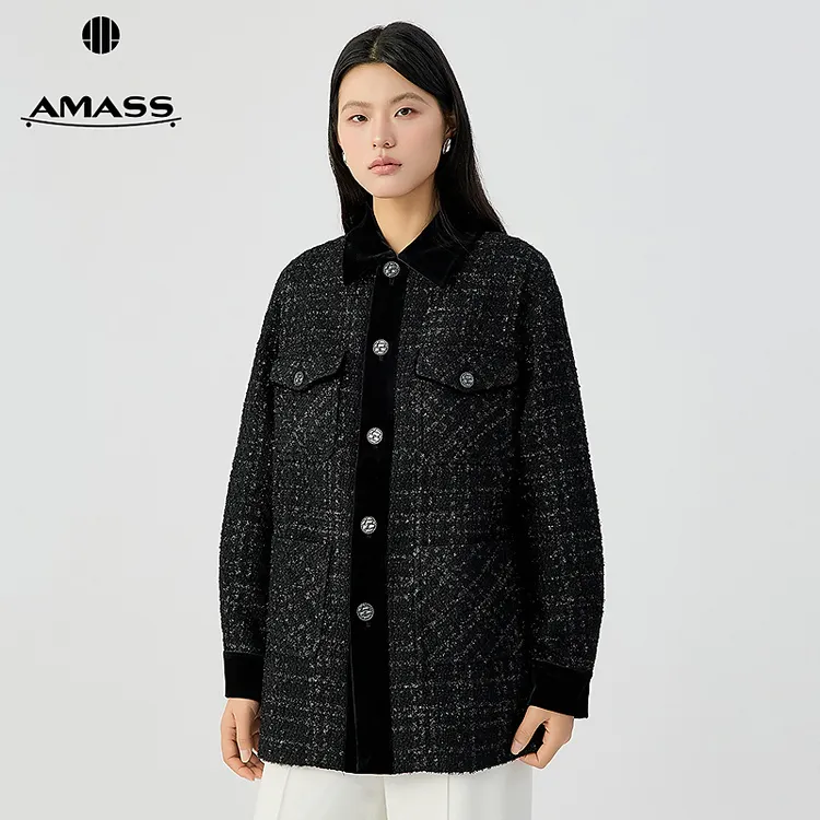 阿玛施AMASS新款时尚百搭质感丝绒拼接宽松翻领小香风外套5400894