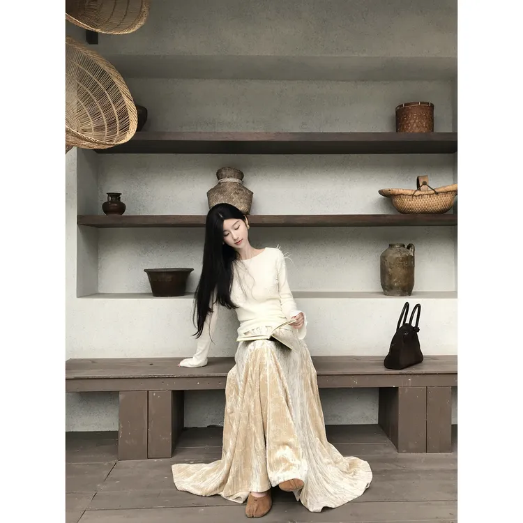 W51【织间花】新中式印花加厚丝绒半身裙裙子女秋冬高级感松紧长裙