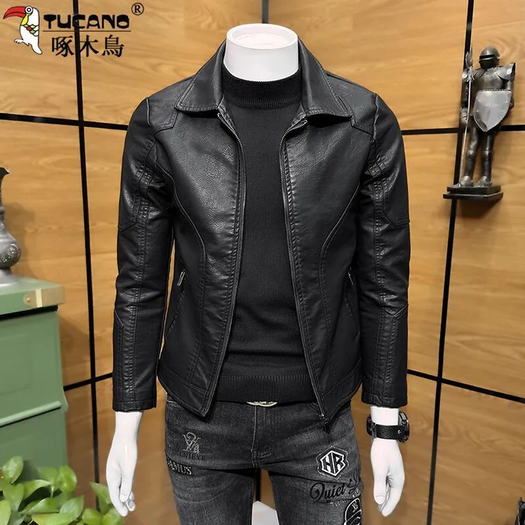 TUCANO/啄木鳥2025春秋季新款男士休闲时尚加厚加绒机车pu皮夹克