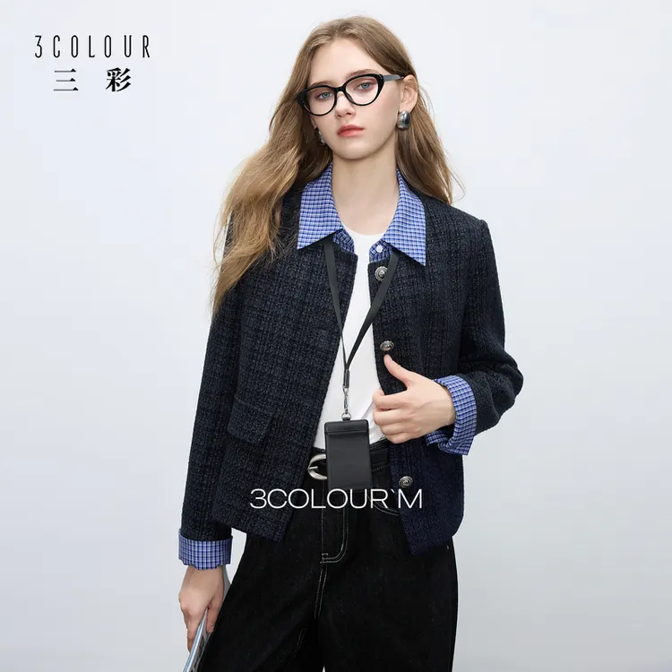 【绵羊毛】三彩2025秋冬季新款复古假两件拼接香风外套翻领短款女