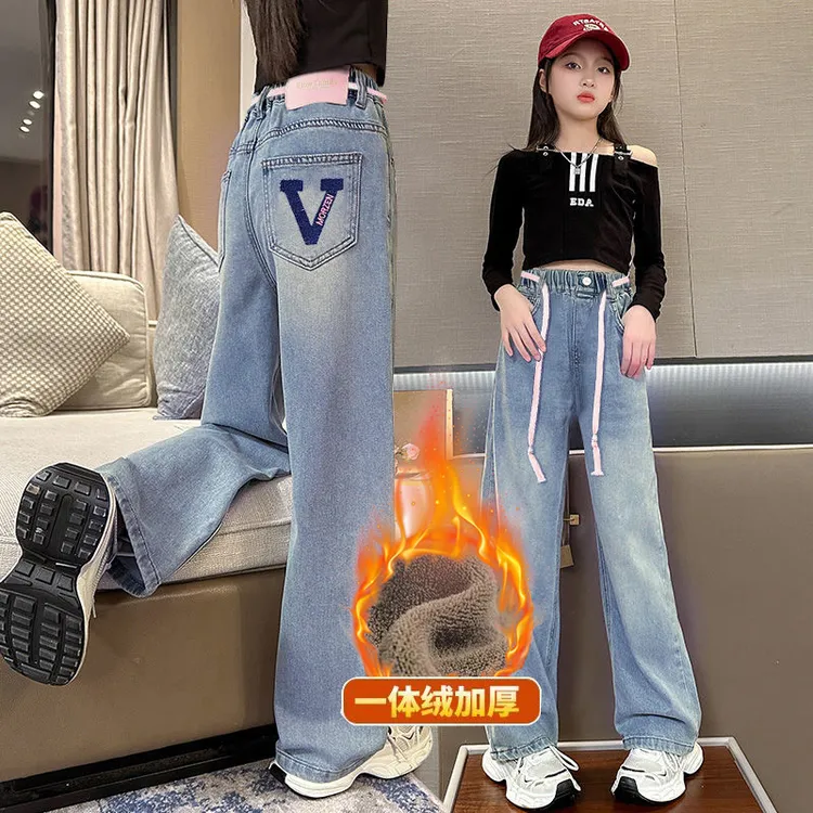 女童牛仔裤加绒加厚秋冬款中大童一体绒儿童直筒女童保暖阔腿裤子