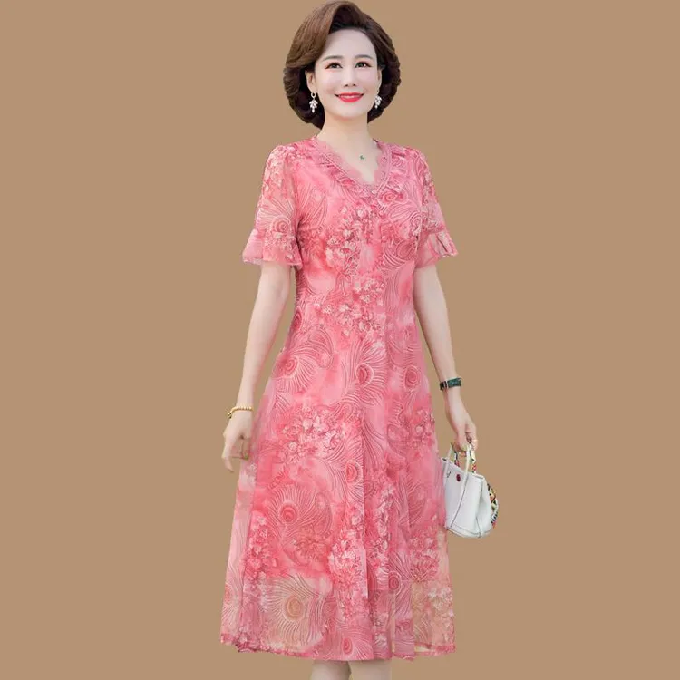 皮尔卡丹妈妈夏装短袖连衣裙气质2025新款40岁50岁中老年人雪纺洋