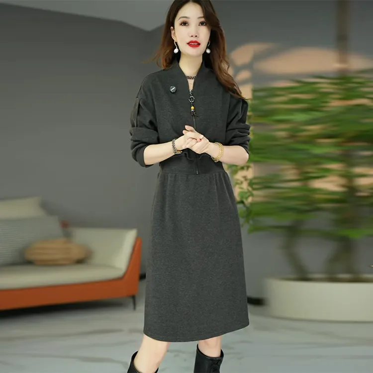 秋季新款妈妈装轻奢优雅风长袖连衣裙女中长款收腰显瘦气质减龄