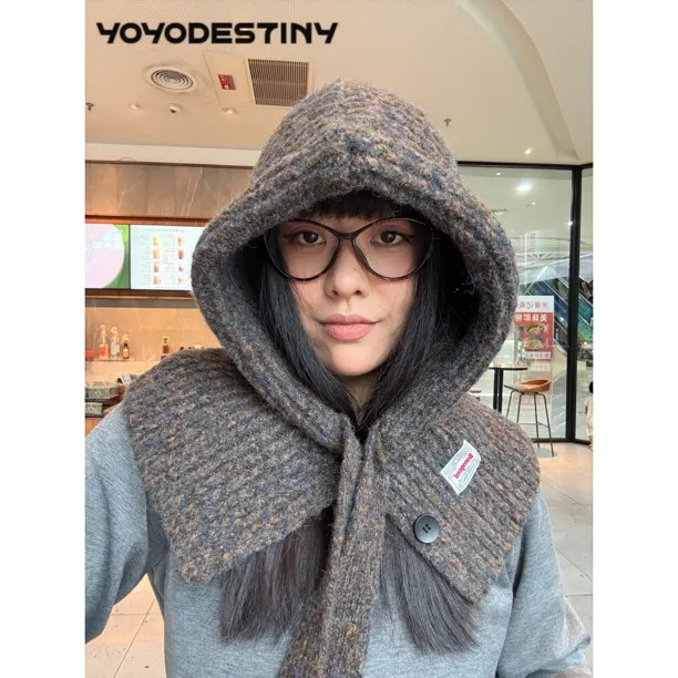 25年秋冬新巴拉克拉法帽系扣围脖帽子一体针织帽微胖加大ins韩系