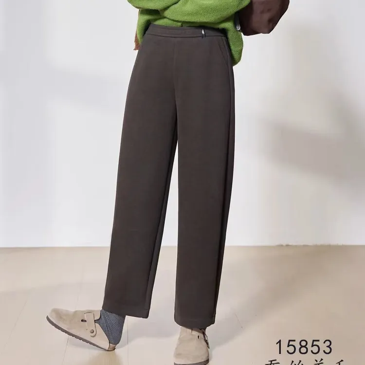 南韩时尚阔腿裤6-15853女冬季保暖毛呢高腰松紧腰休闲香蕉裤/长96