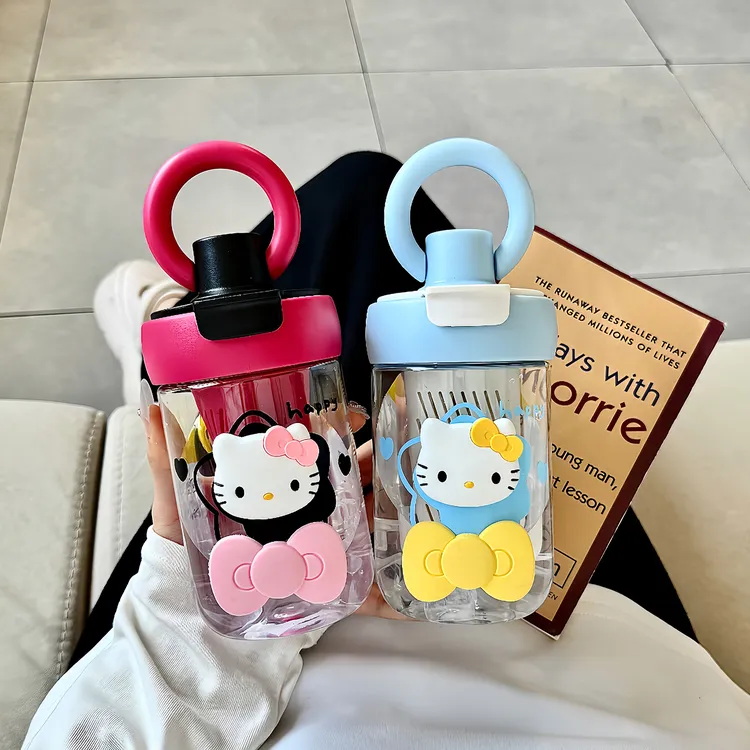 可爱kitty猫塑料水杯女生高颜值大容量双饮杯学生便携防摔吸管杯