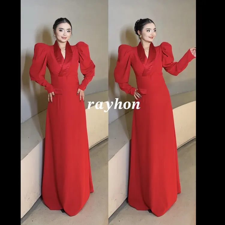 Rayhon 经典升级红色围脖V领过膝长袖修身时尚连衣裙