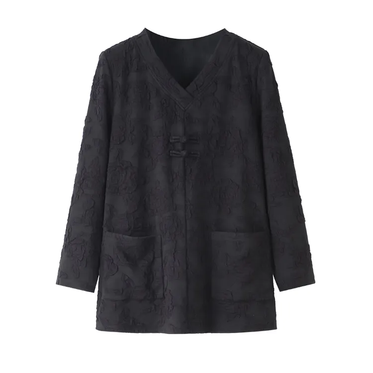 大码女装v领盘扣上衣新款宽松遮肉减龄长袖zb6312