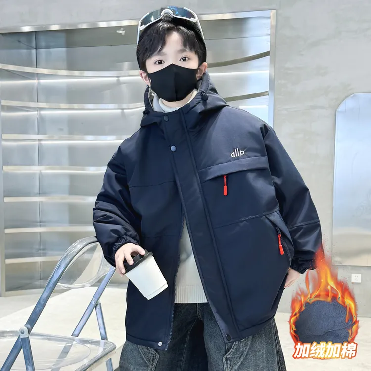 男童加绒外套秋冬款2025新款儿童中大童男孩冬季加厚派克服保暖潮