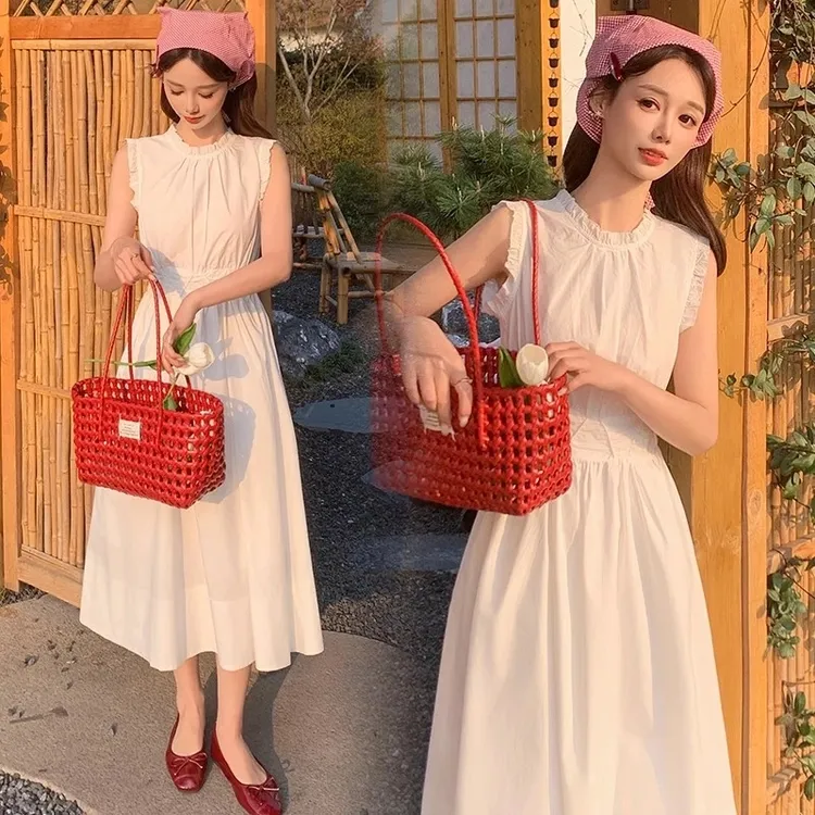 2025夏季新款时尚百搭收腰显瘦无袖连衣裙女中长款法式A字长裙子