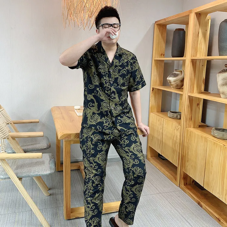 大码短袖长裤奢华棉麻睡衣套装2025潮流高档男士休闲可外穿家居服