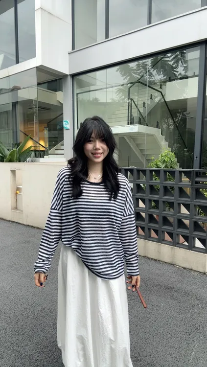 防晒条纹T恤美背拼接慵懒风长袖秋季圆领打底衫百搭显瘦宽松韩版