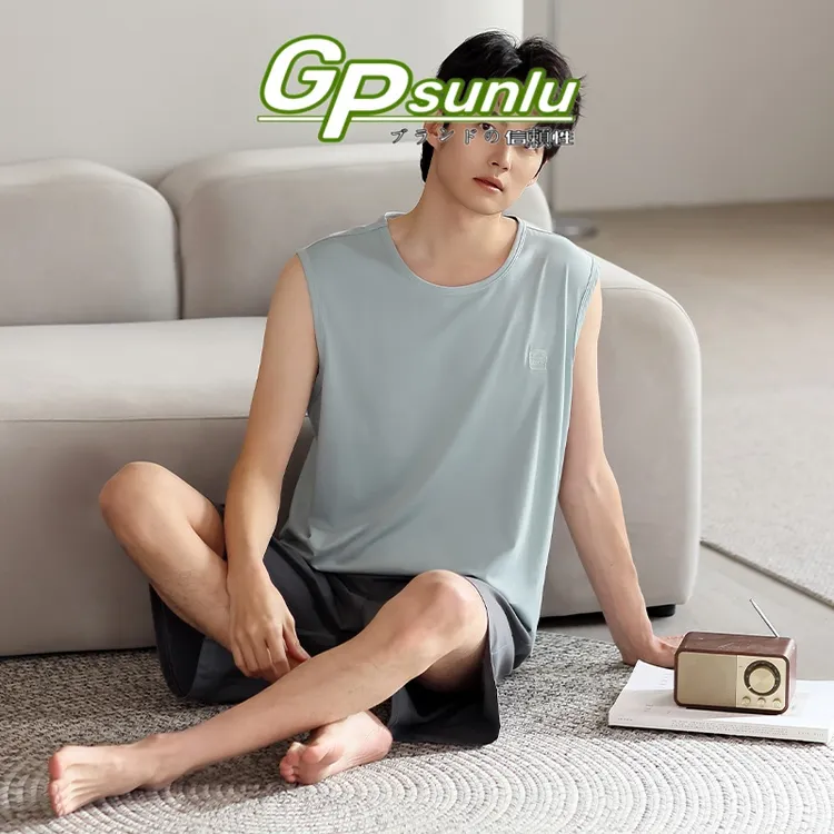 gpsunlu夏季薄款休闲男款家居服套装圆领男士透气纯棉睡衣空调服