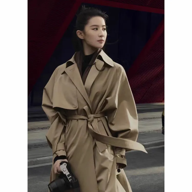 小禾露珠系列明星刘亦菲同款2025春秋季丝羊毛精纺风衣外套女长款