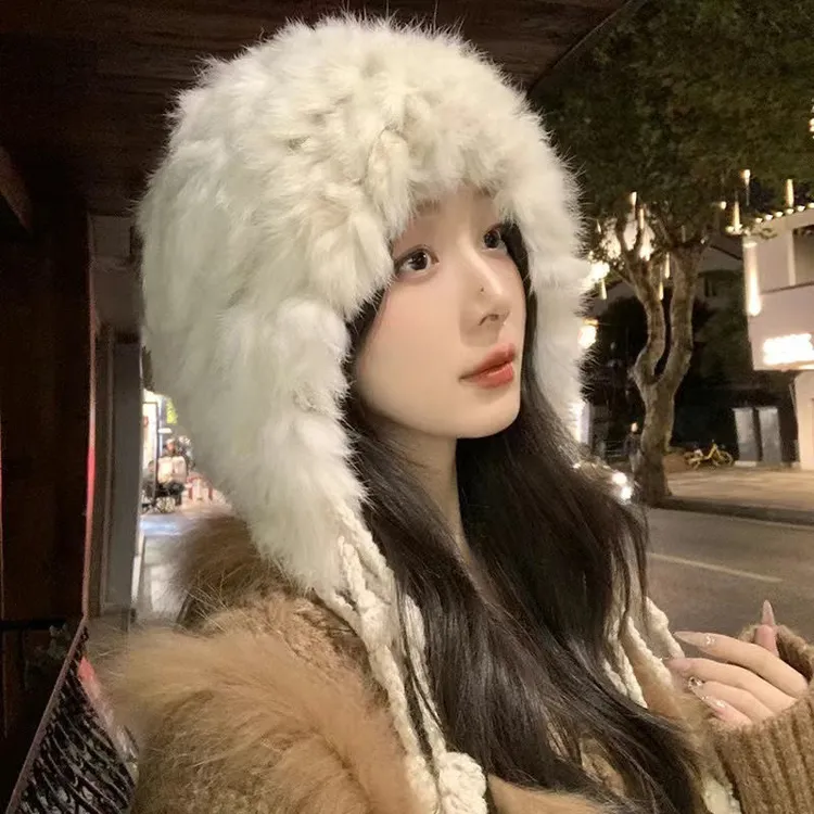 波西米亚兔毛流苏包头头帽帽女雪地民族风套手工针织帽子秋冬毛绒