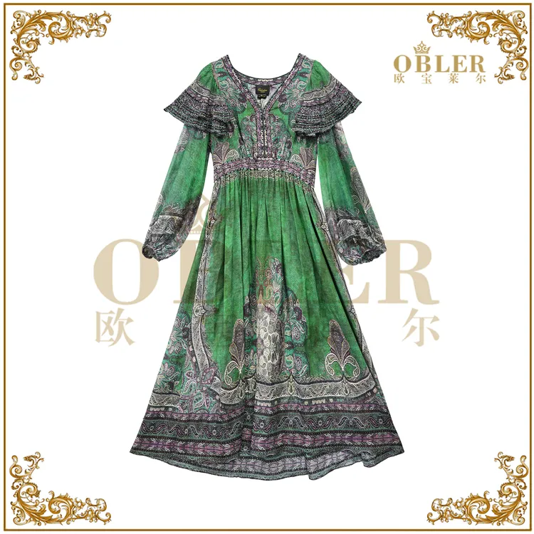 【孔雀公主】OBLER轻奢2025春夏出游时尚新款连衣裙305-25272绿色