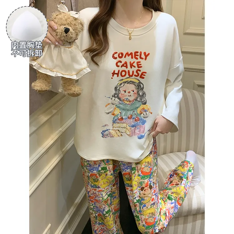睡衣女款爆款2025新款宽松大码可外穿带胸垫春秋季长袖家居服套装