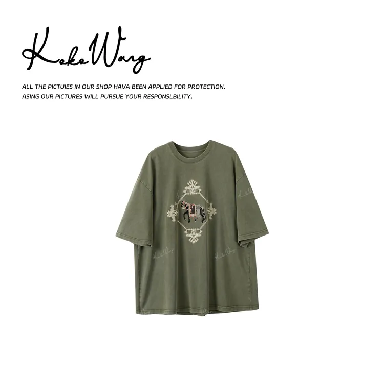 KOKO WANG秋冬复古洗水工艺金丝线绣战马图案短袖T恤 N0685K24T43