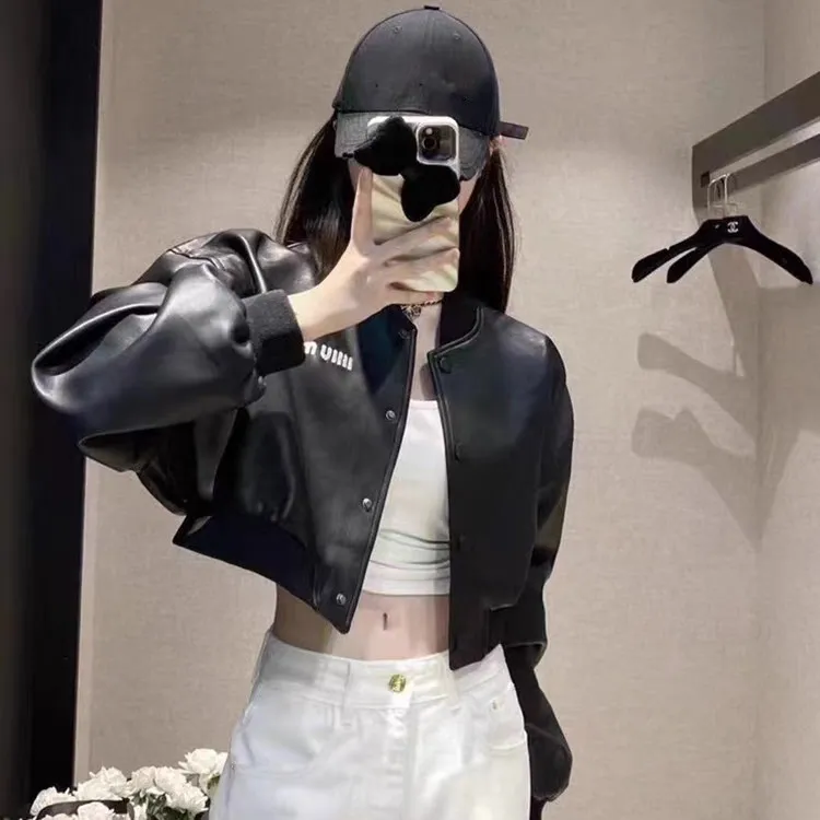 美式复古字母短款皮衣外套女秋款街头时尚宽松无帽棒球服上衣