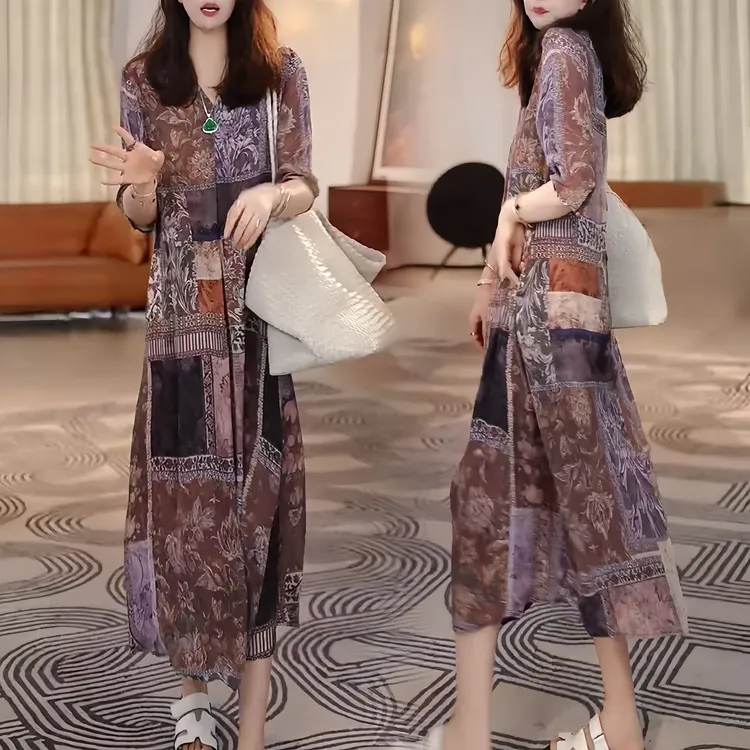 复古港风大码时尚洋气印花裙2026夏季新款宽松显瘦复古v领连衣裙
