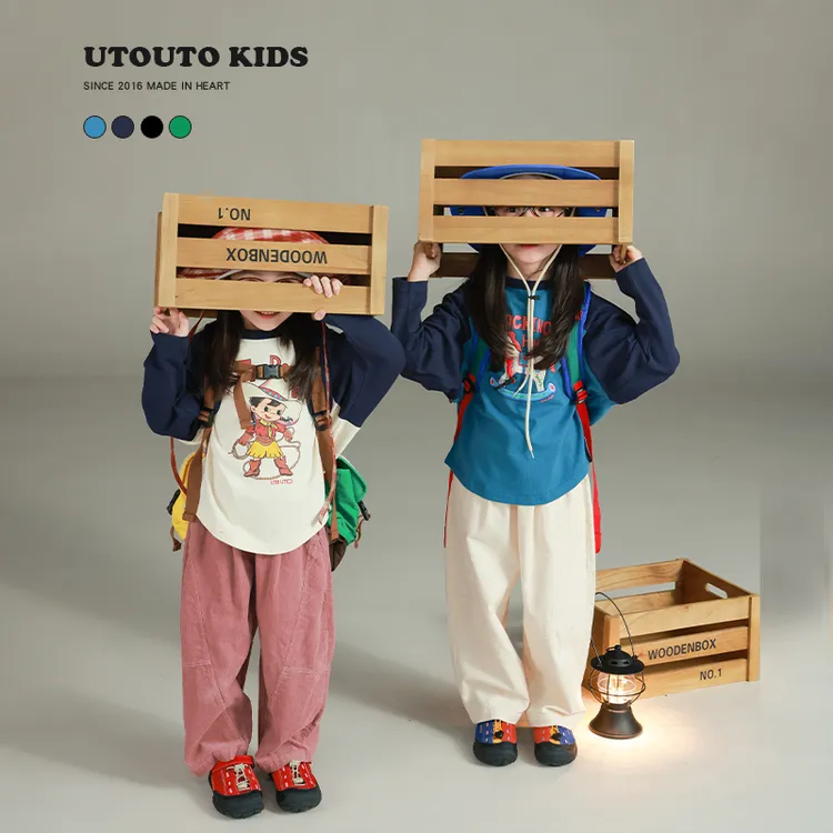 utouto大耳象女童卡通印花插肩T恤2025秋季新款纯棉上衣2501081