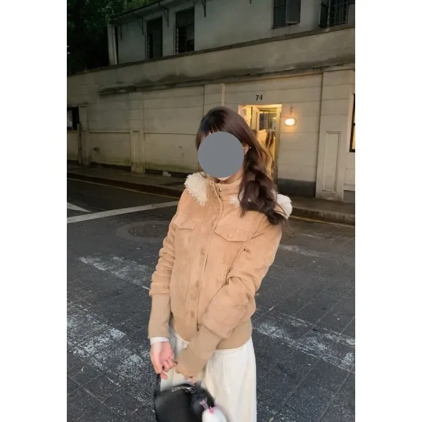 美式简约复古气质修身显瘦百搭连帽毛领短外套夹克保暖上衣外套女