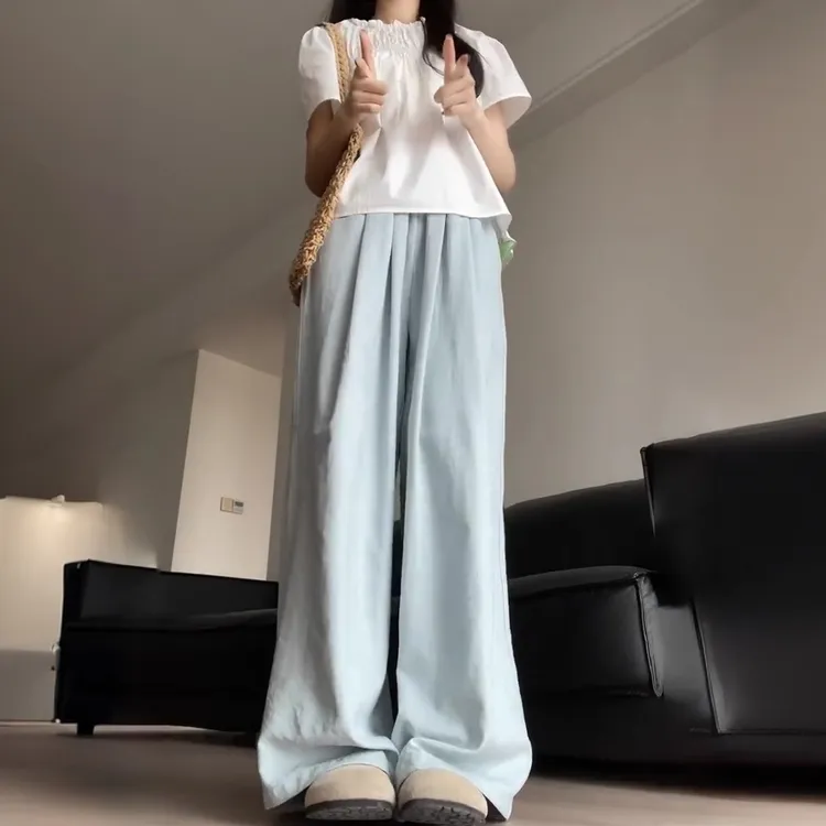 天空蓝慵懒风阔腿裤女夏新款胖妹妹粗腿宽胯显瘦垂坠感直筒休闲裤