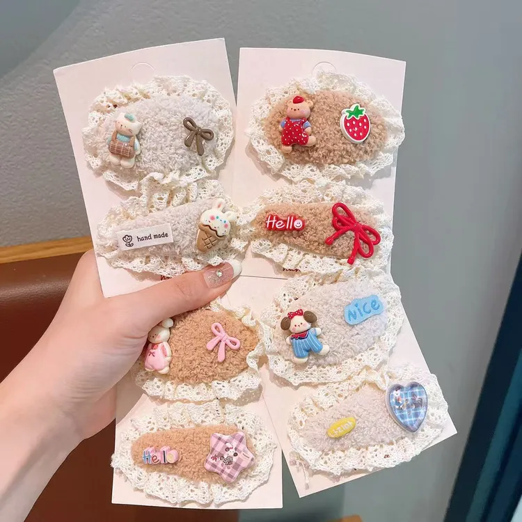 秋冬新款奶咖色可爱毛绒针织侧边bb夹卡通发卡儿童刘海发夹发饰