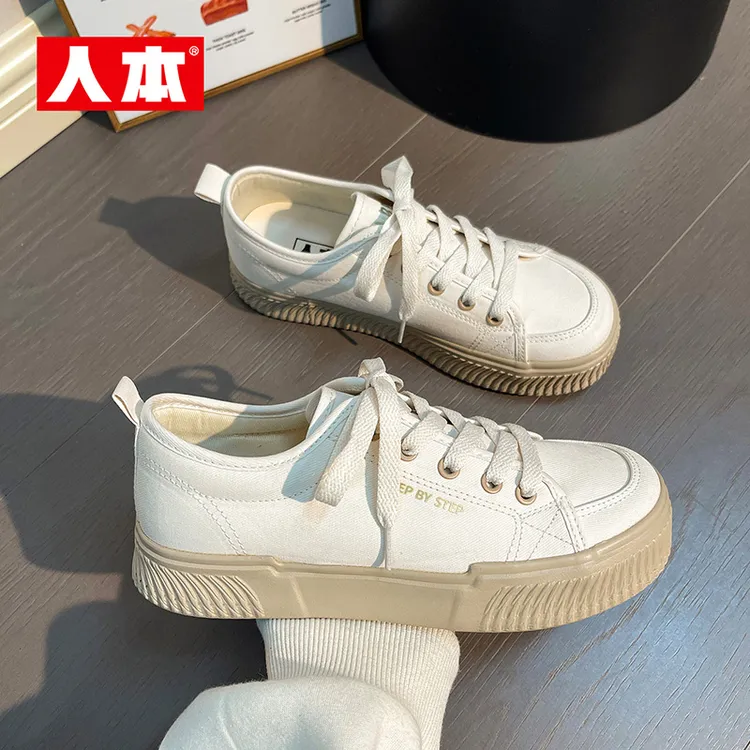 人本厚底帆布鞋女款2025春秋新款小众透气运动鞋韩版休闲百搭板鞋