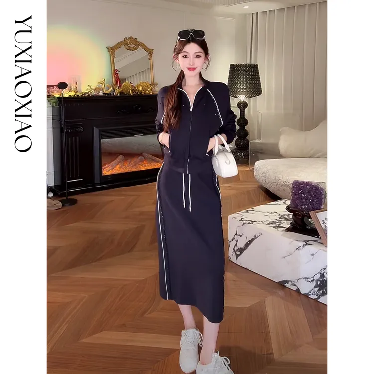 余潇潇【心动西区】棉感手工缝钻设计立领外套&抽绳直筒长半裙