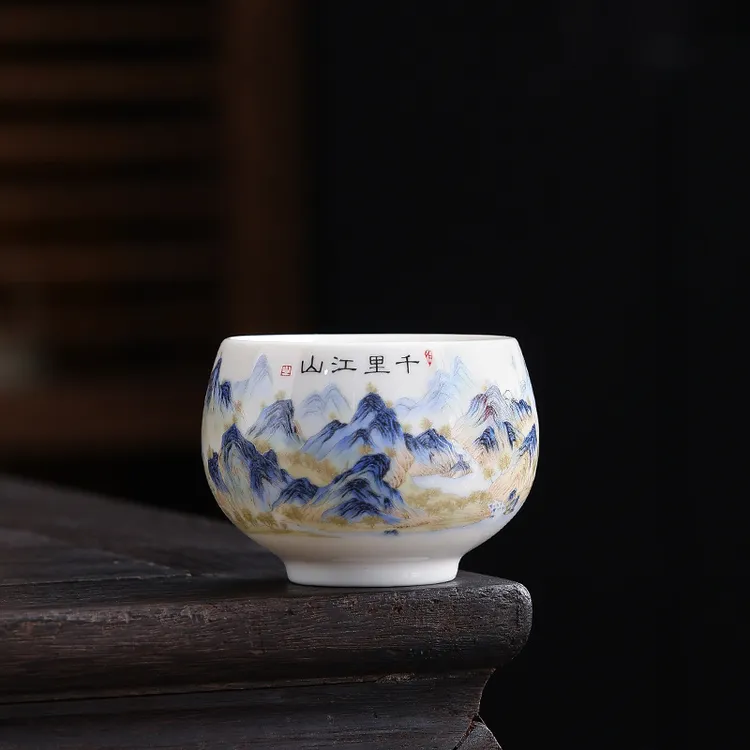 当代 076千里江山羊脂玉主人茶杯品茗杯陶瓷茶盏茶具功夫杯子