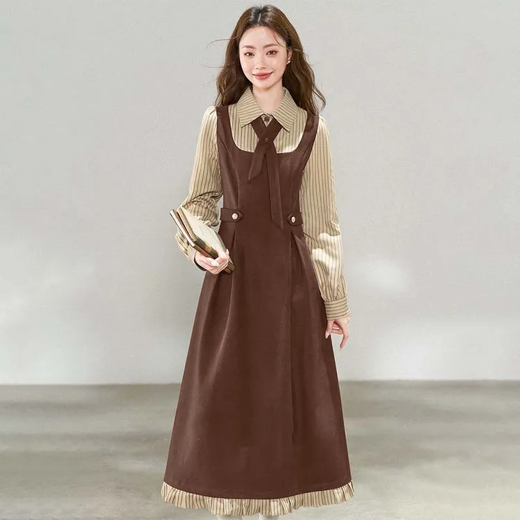 【爆款】法式复古条纹连衣裙女秋冬季新款学院风长裙高级感D4612